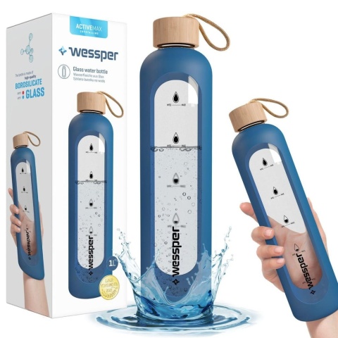 Bidon Szklany Butelka Szczelna na wodę 1l 1000ml Wessper w etui silikonowym