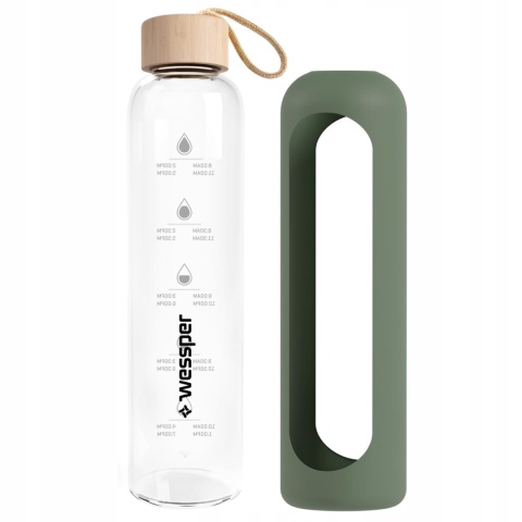 DUŻA SZKLANA BUTELKA MOTYWACYJNA NA WODĘ WESSPER 0,5l 500ml + etui oliwkowe