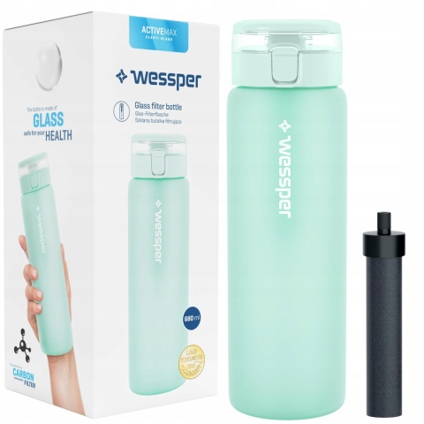 Butelka Filtrująca Szklana Wessper ActiveMax 0,68l miętowa mat + 1x Filtr wody