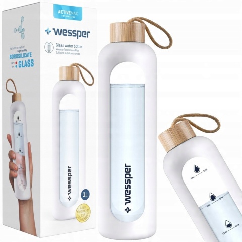 Szklana Butelka Szczelna na wodę 1l Wessper w etui Białym
