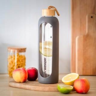 Szklana Butelka Szczelna na wodę 1l Wessper w etui Szarym